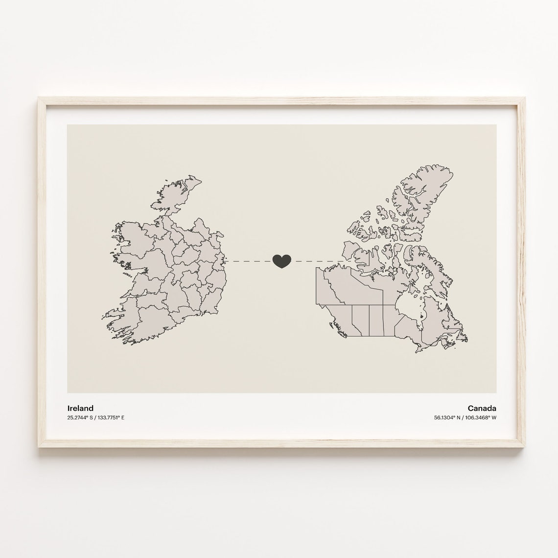 Ireland and Canada Couple Long Distance Love Heart Map Poster