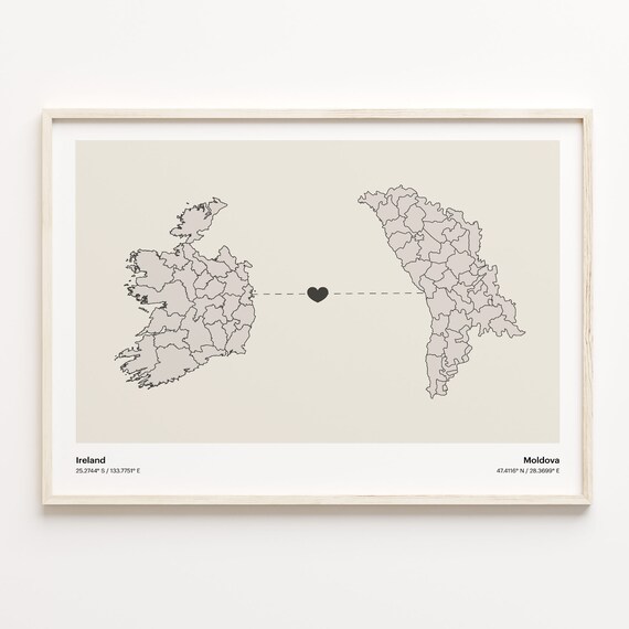 Ireland and Moldova Couple Long Distance Love Heart Map Poster