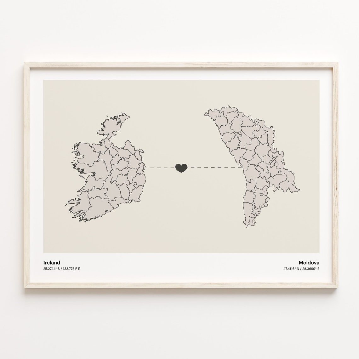 Ireland and Moldova Couple Long Distance Love Heart Map Poster