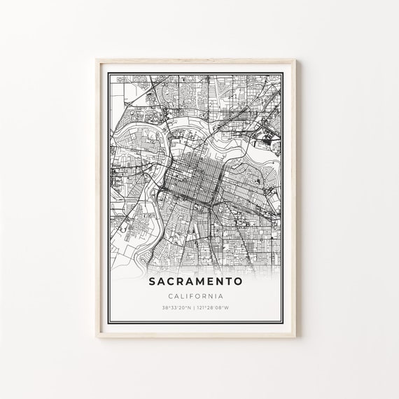 Downtown Sacramento City Map Art Print, Black and White