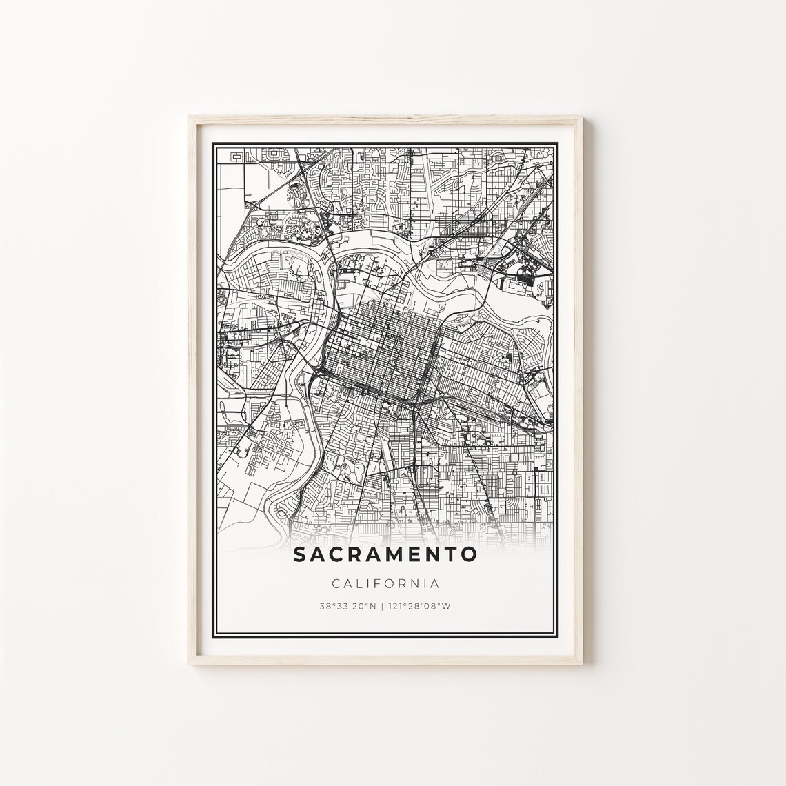 Downtown Sacramento City Map Art Print, Black and White
