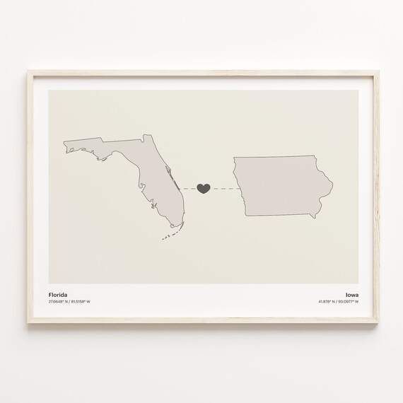 Minimalist Florida Iowa State Silhouette Long Distance Heart Poster