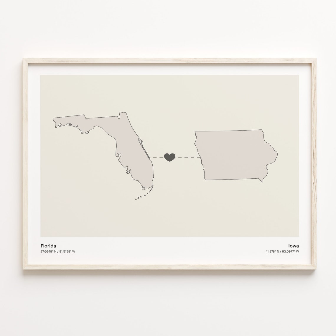 Minimalist Florida Iowa State Silhouette Long Distance Heart Poster