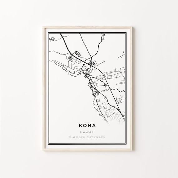 Kona Hawaii City Map Street Line Art Black White Minimalist Travel Poster