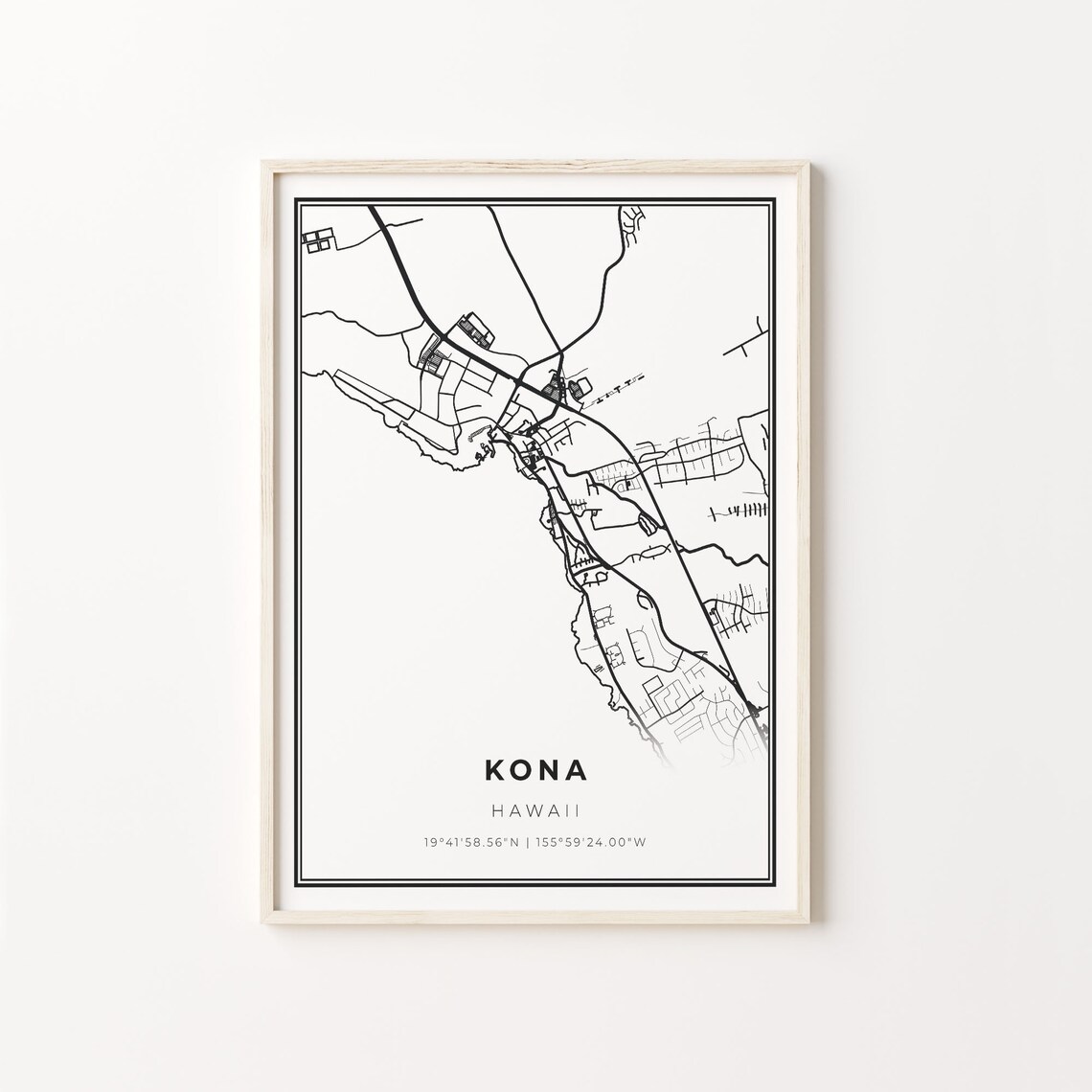 Kona Hawaii City Map Street Line Art Black White Minimalist Travel Poster