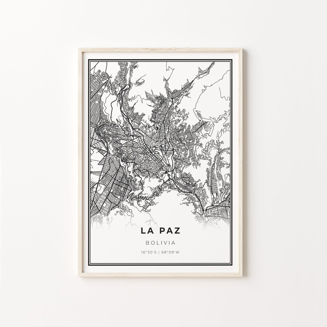 La Paz Bolivia Modern Black And White Street Map Coordinates Poster