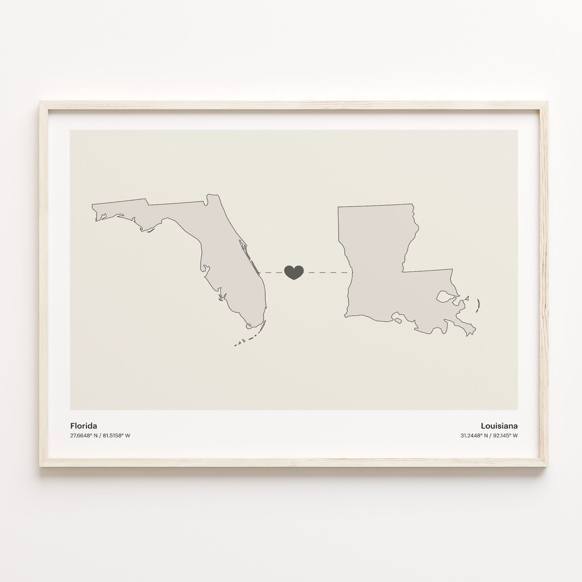 Florida Louisiana Long Distance Love Connection Heart Map Poster