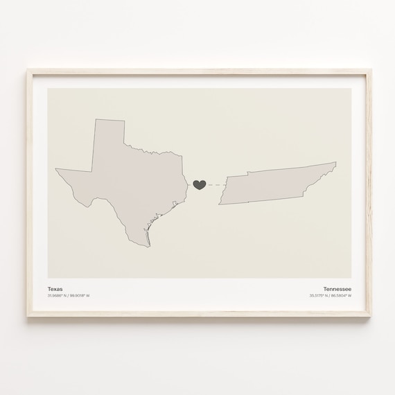 Texas To Tennessee Minimalist Connected Maps Love Gift Poster