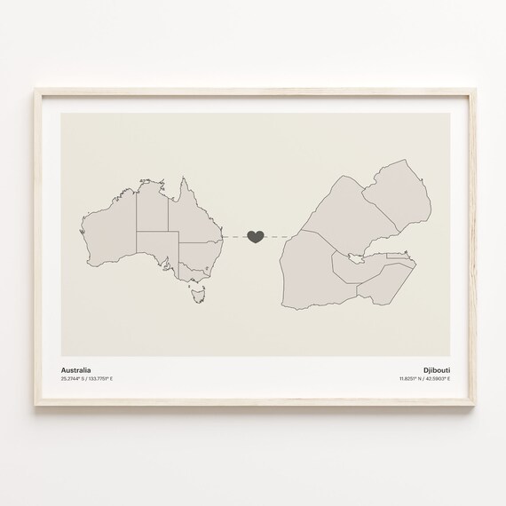 Australia and Djibouti Long Distance Love Country Connection Map Poster