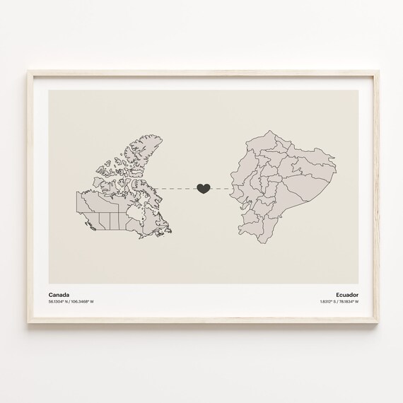 Canada to Ecuador Heart Connection Map Long Distance Gift Poster