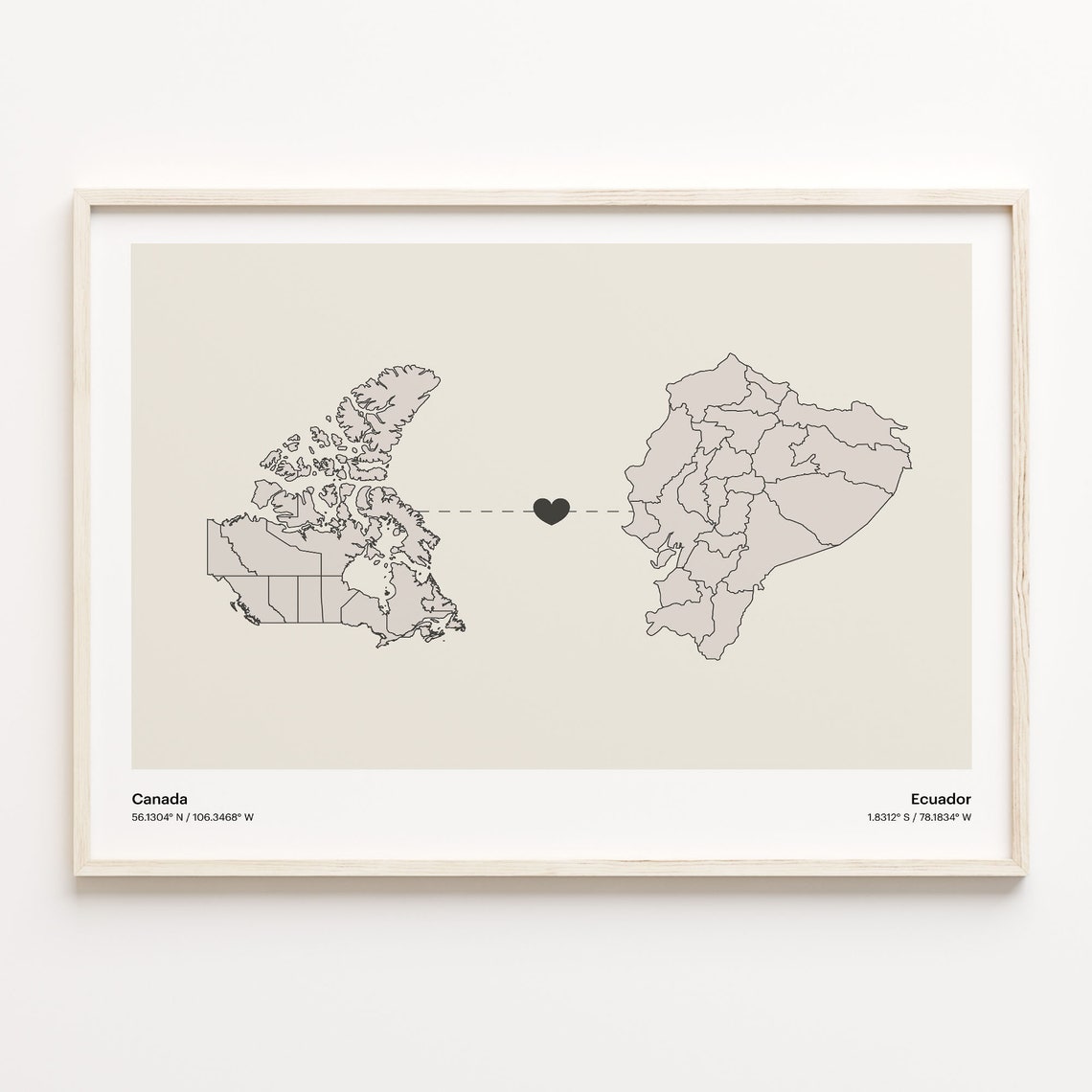 Canada to Ecuador Heart Connection Map Long Distance Gift Poster