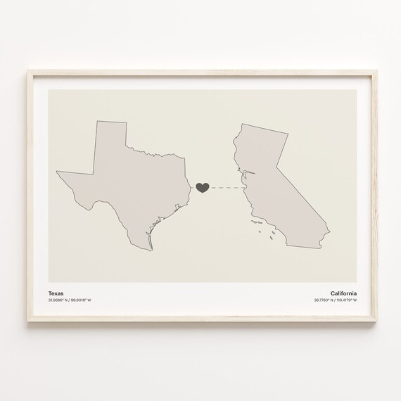 Texas and California Couple Long Distance Love Heart Map Poster