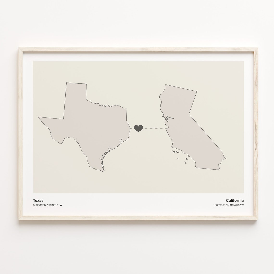 Texas and California Couple Long Distance Love Heart Map Poster