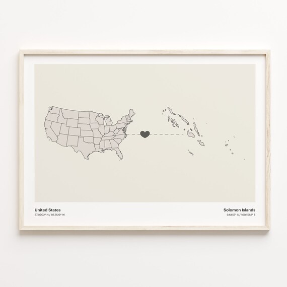 United States to Solomon Islands Minimalist Heart Map Poster