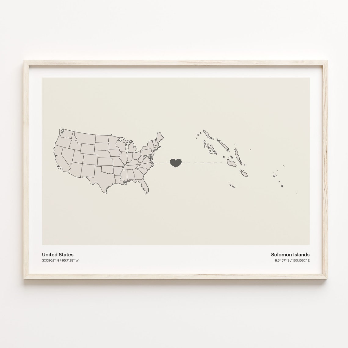 United States to Solomon Islands Minimalist Heart Map Poster