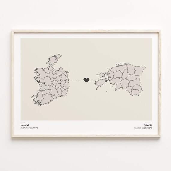 Ireland to Estonia Minimalist Heart Map Art Connection Poster