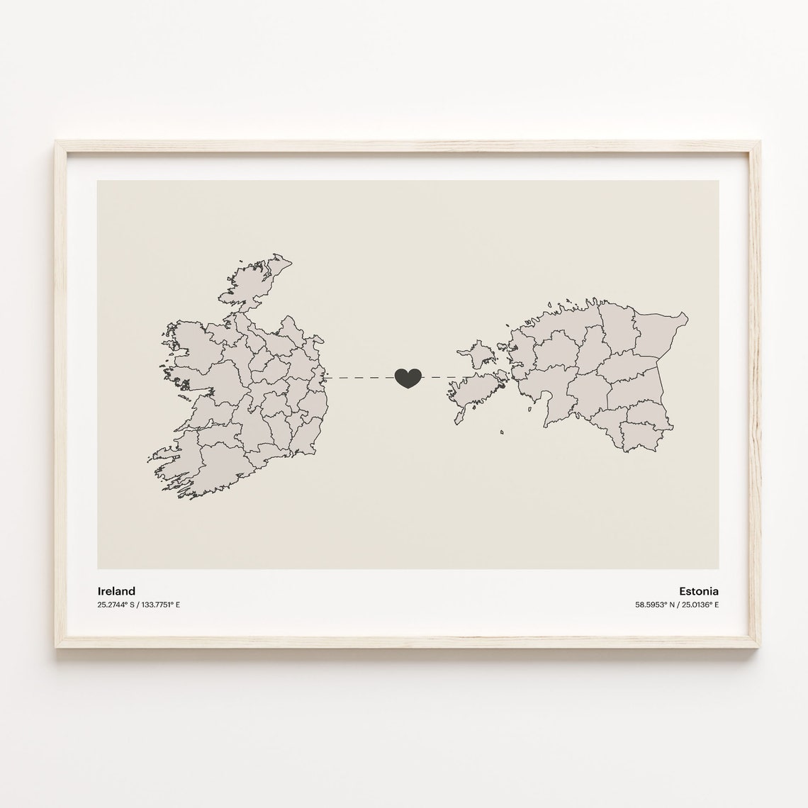 Ireland to Estonia Minimalist Heart Map Art Connection Poster