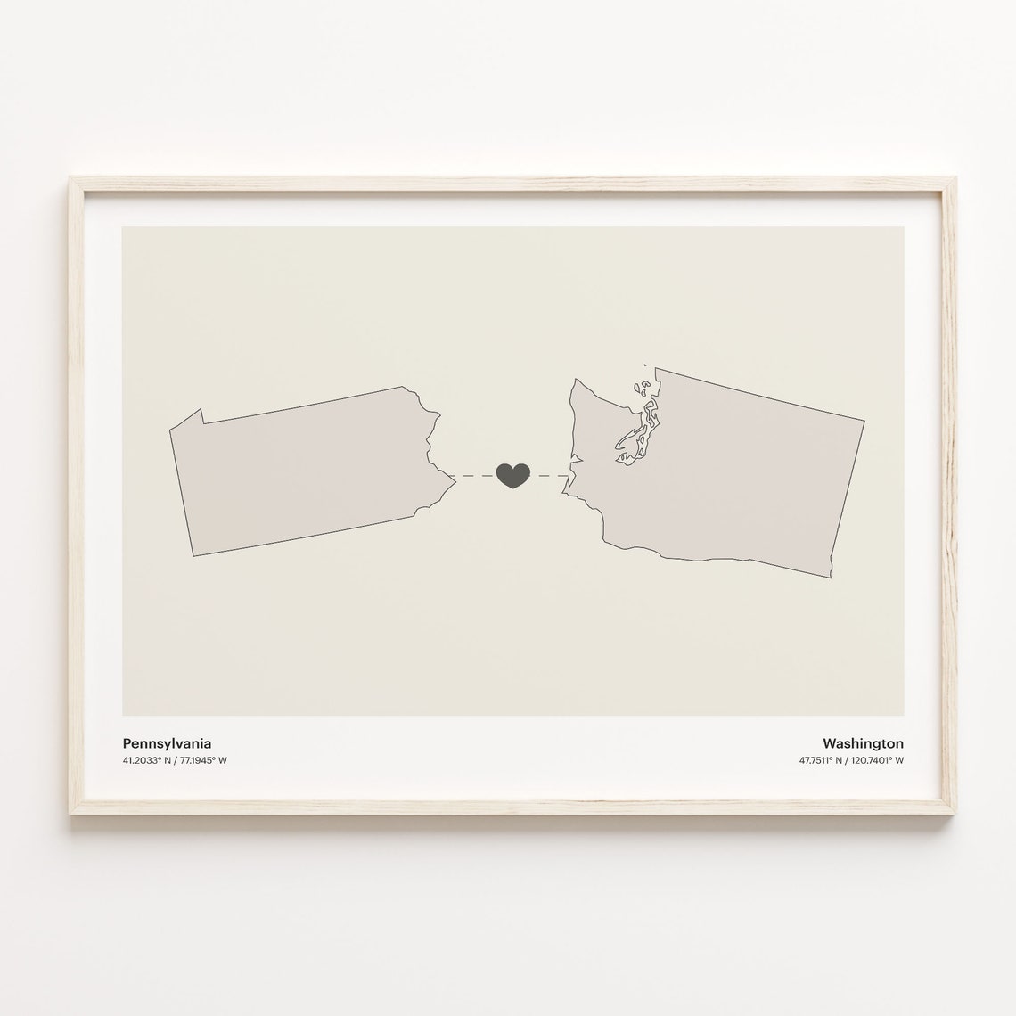 Pennsylvania Washington Long Distance Love Connection Heart Map Poster