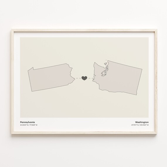 Pennsylvania Washington Long Distance Love Connection Heart Map Poster
