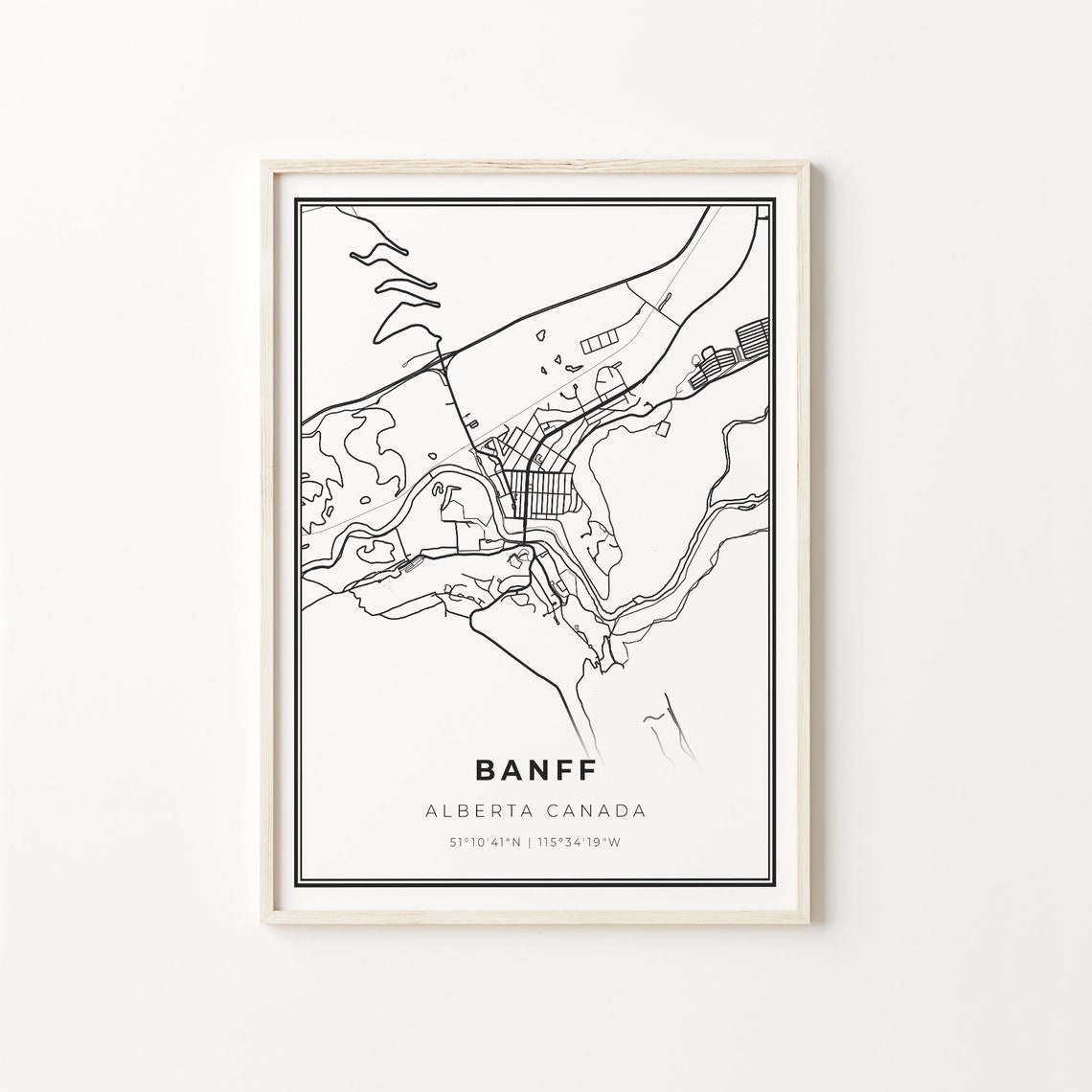 Banff Alberta Canada Black White Minimalist City Street Map Art Poster