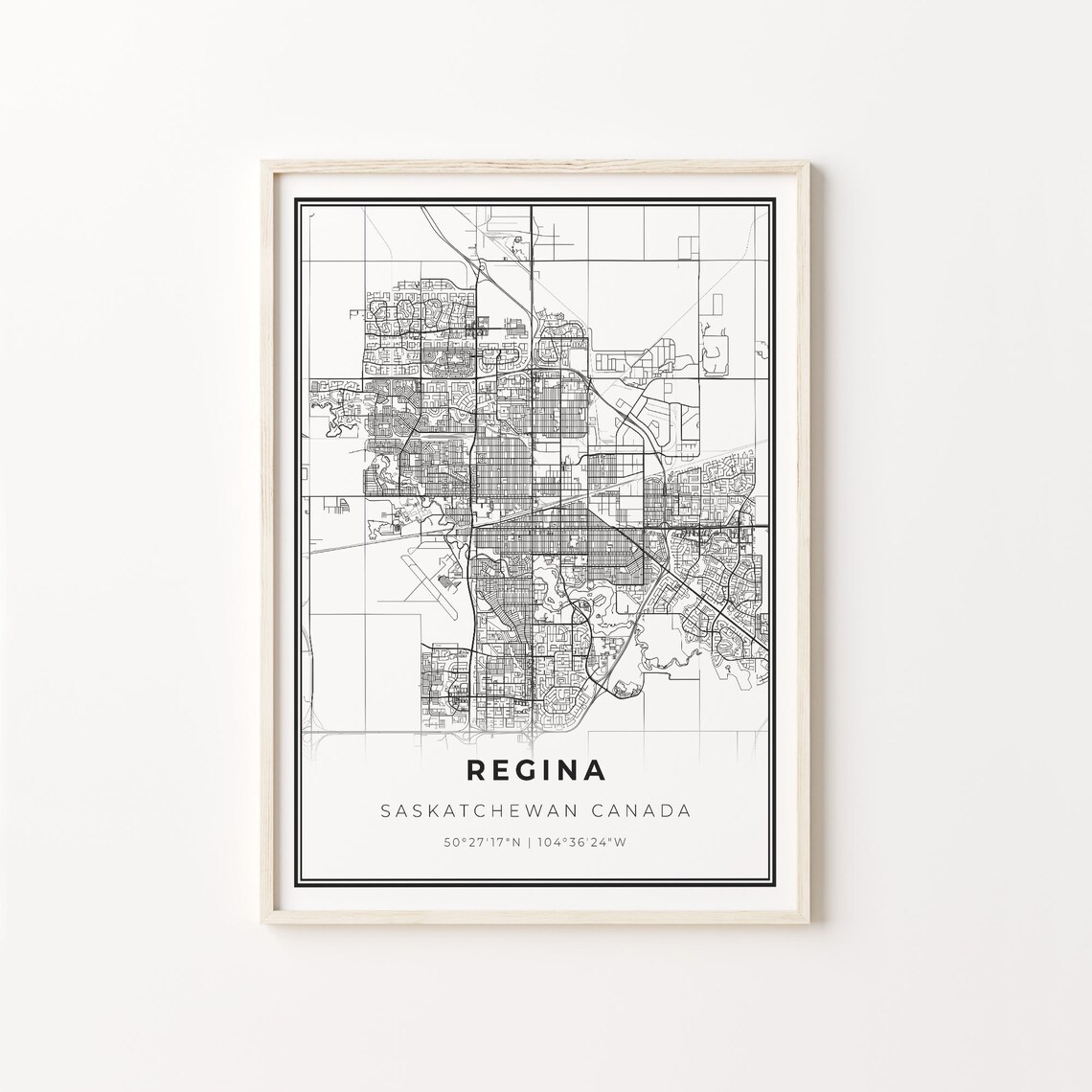 Regina Saskatchewan Canada Minimalist Black and White City Street Map Poster