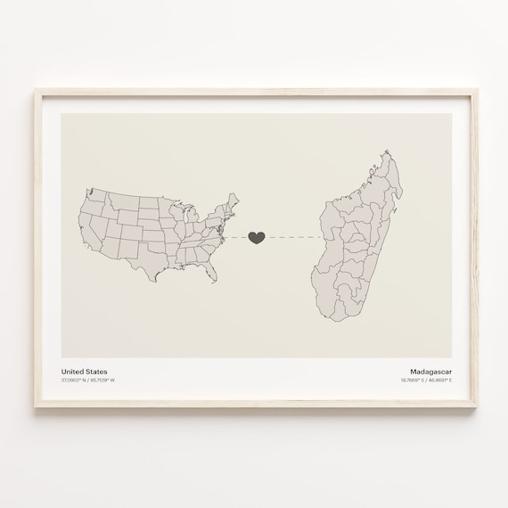 United States to Madagascar Minimalist Heart Map Connection Poster