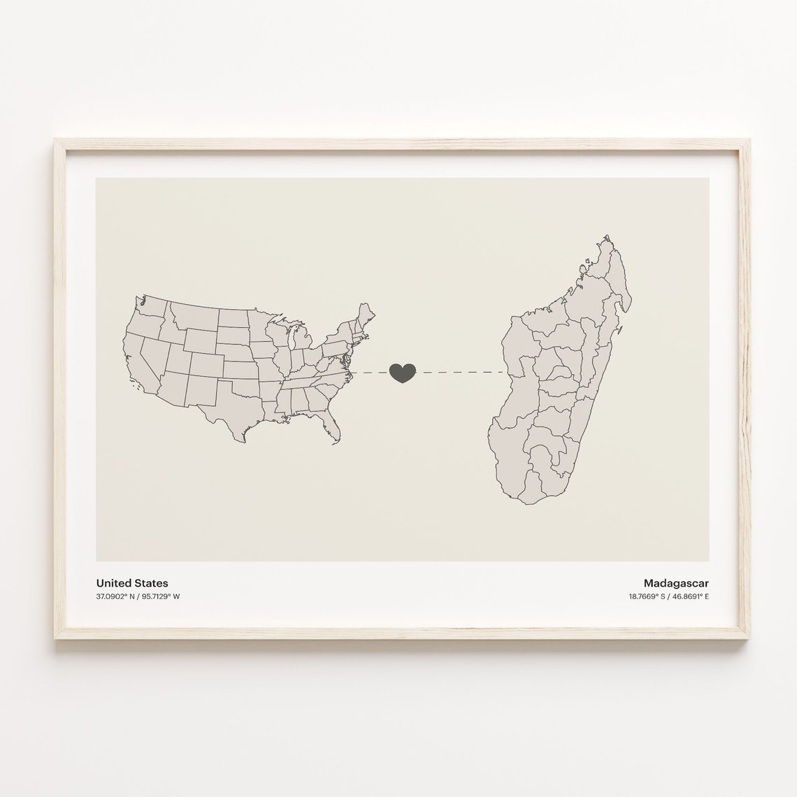 United States to Madagascar Minimalist Heart Map Connection Poster