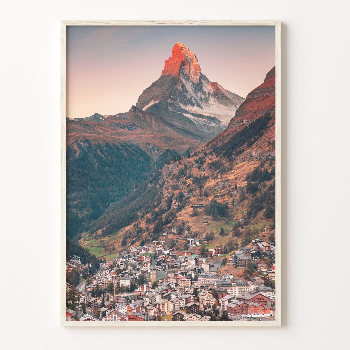 Matterhorn Mountain Sunset Above Swiss Alpine Village Poster