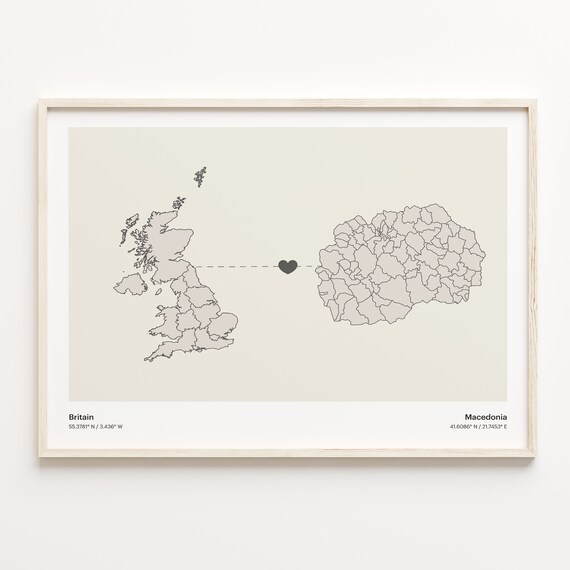Britain Macedonia Long Distance Heart Connection Map Gift Poster