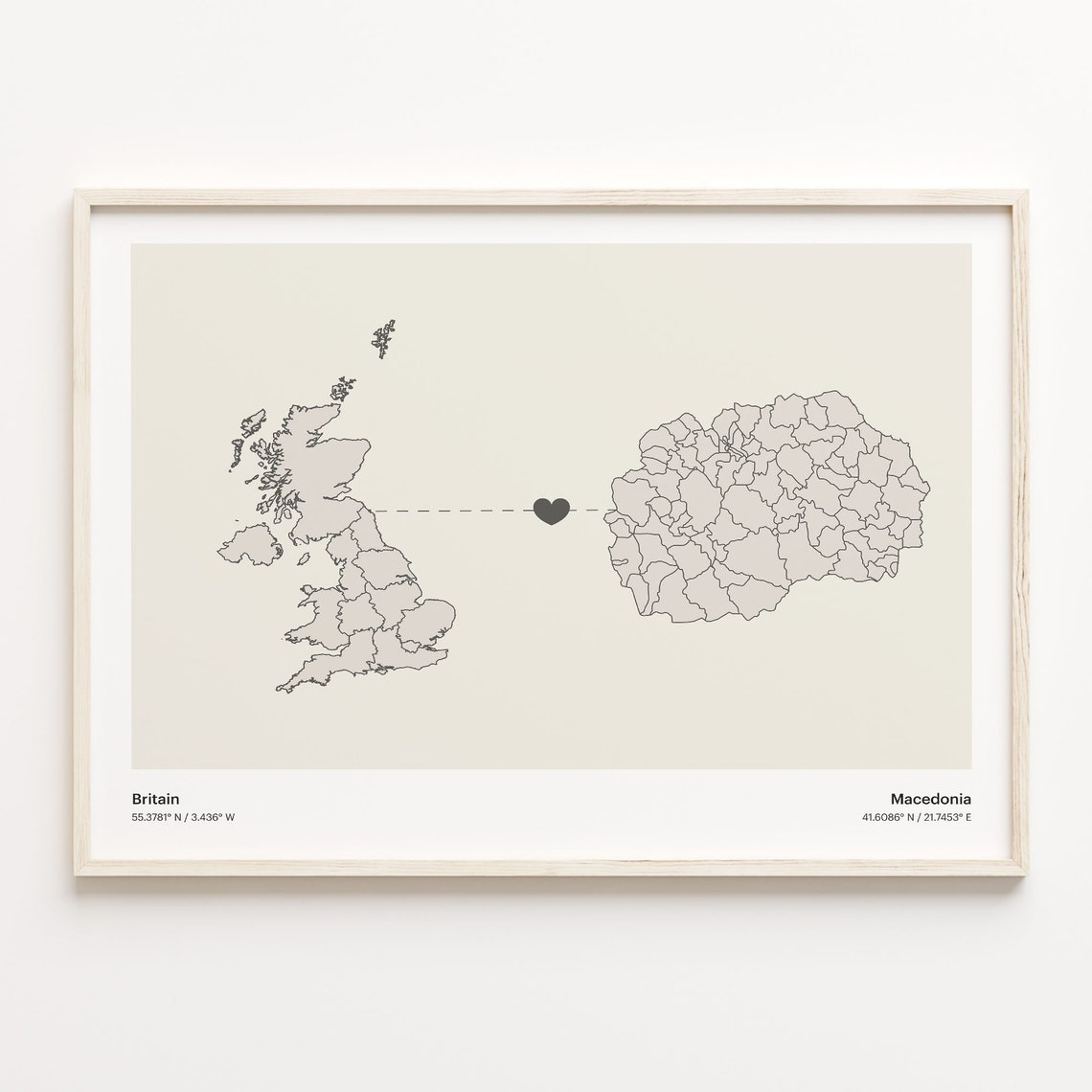 Britain Macedonia Long Distance Heart Connection Map Gift Poster