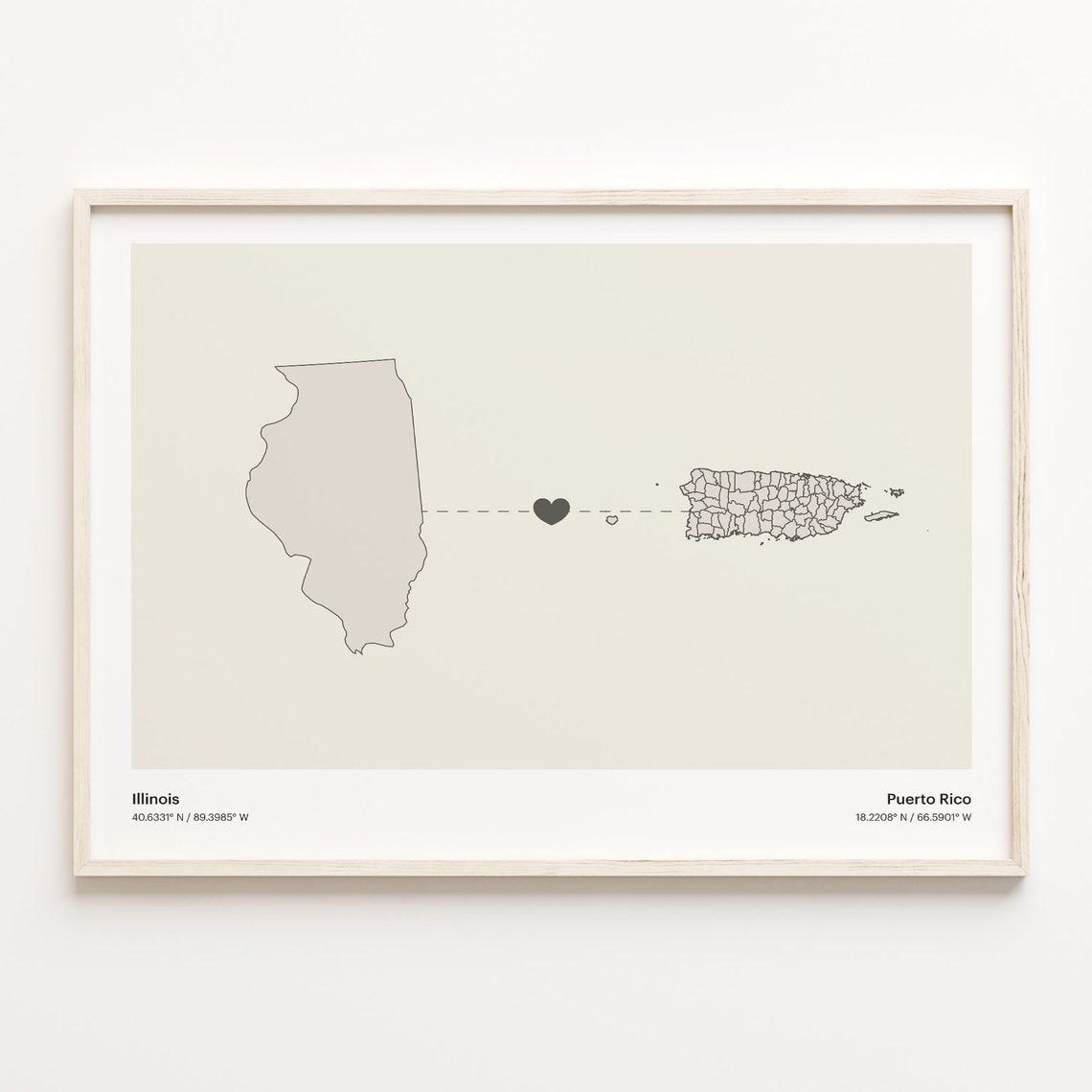 Illinois to Puerto Rico Minimalist Long Distance Connection Map Poster