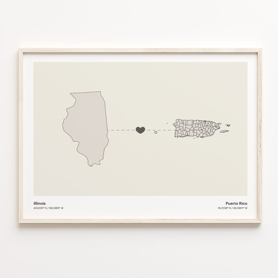 Illinois to Puerto Rico Minimalist Long Distance Connection Map Poster