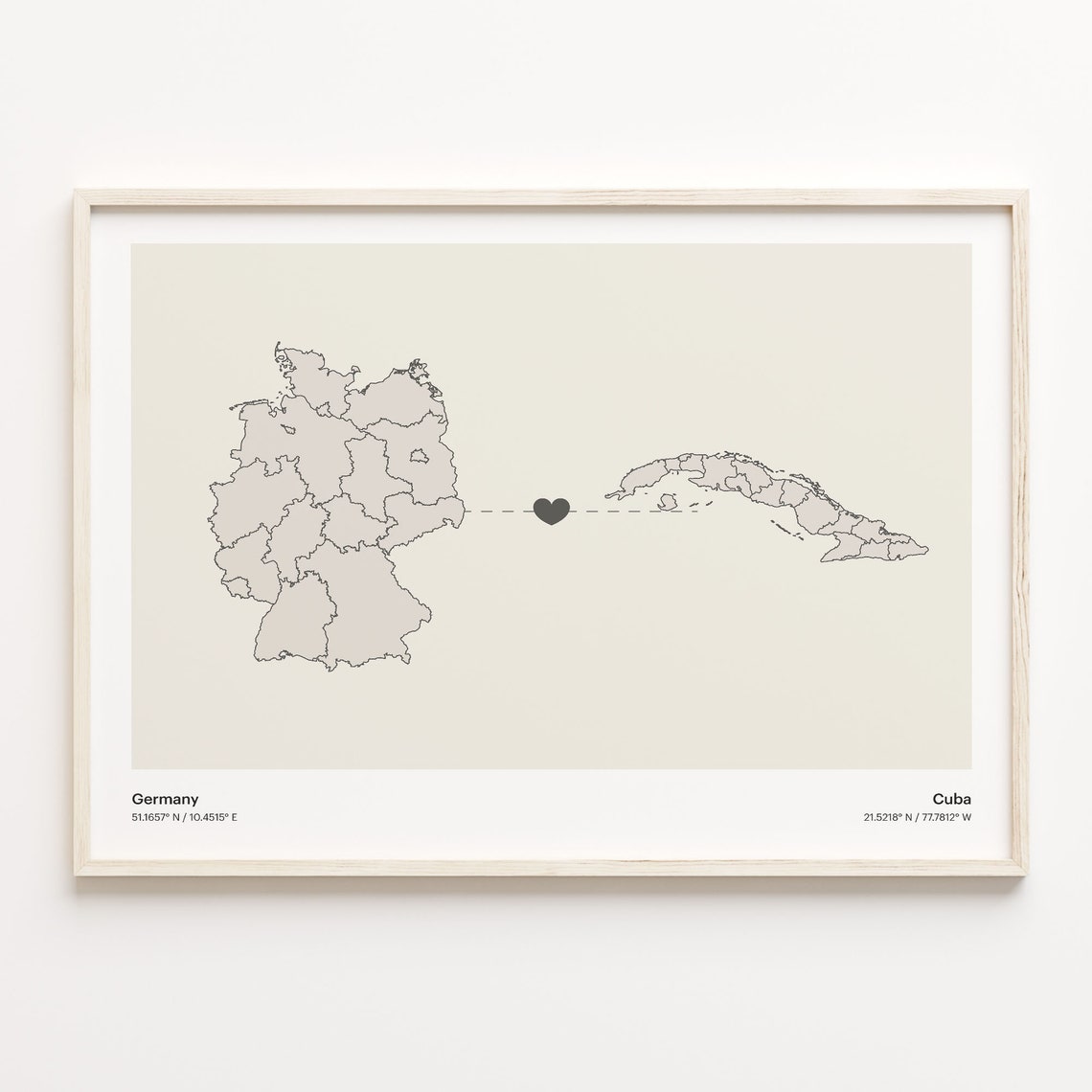 Germany to Cuba Connection Map Poster Heart Between Two Nations