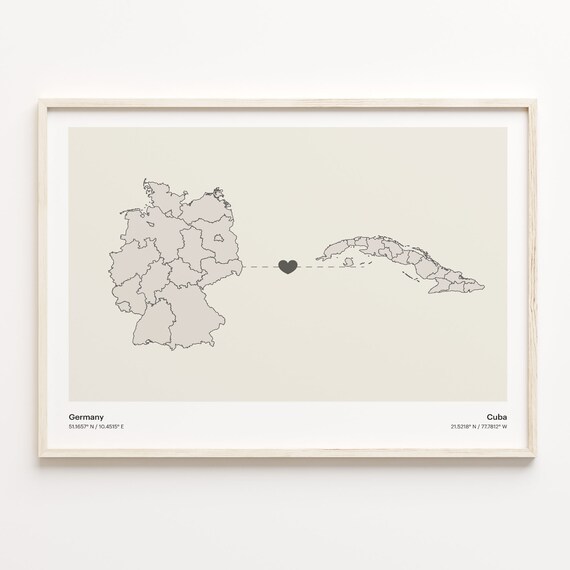 Germany to Cuba Connection Map Poster Heart Between Two Nations