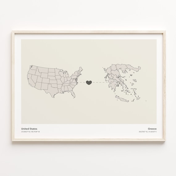 United States to Greece Heart Connection Map Long Distance Gift Poster