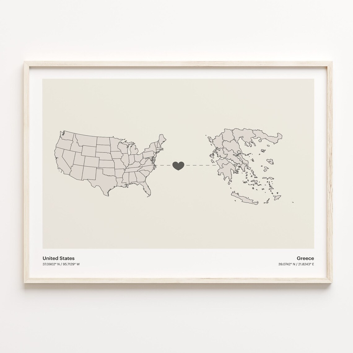 United States to Greece Heart Connection Map Long Distance Gift Poster