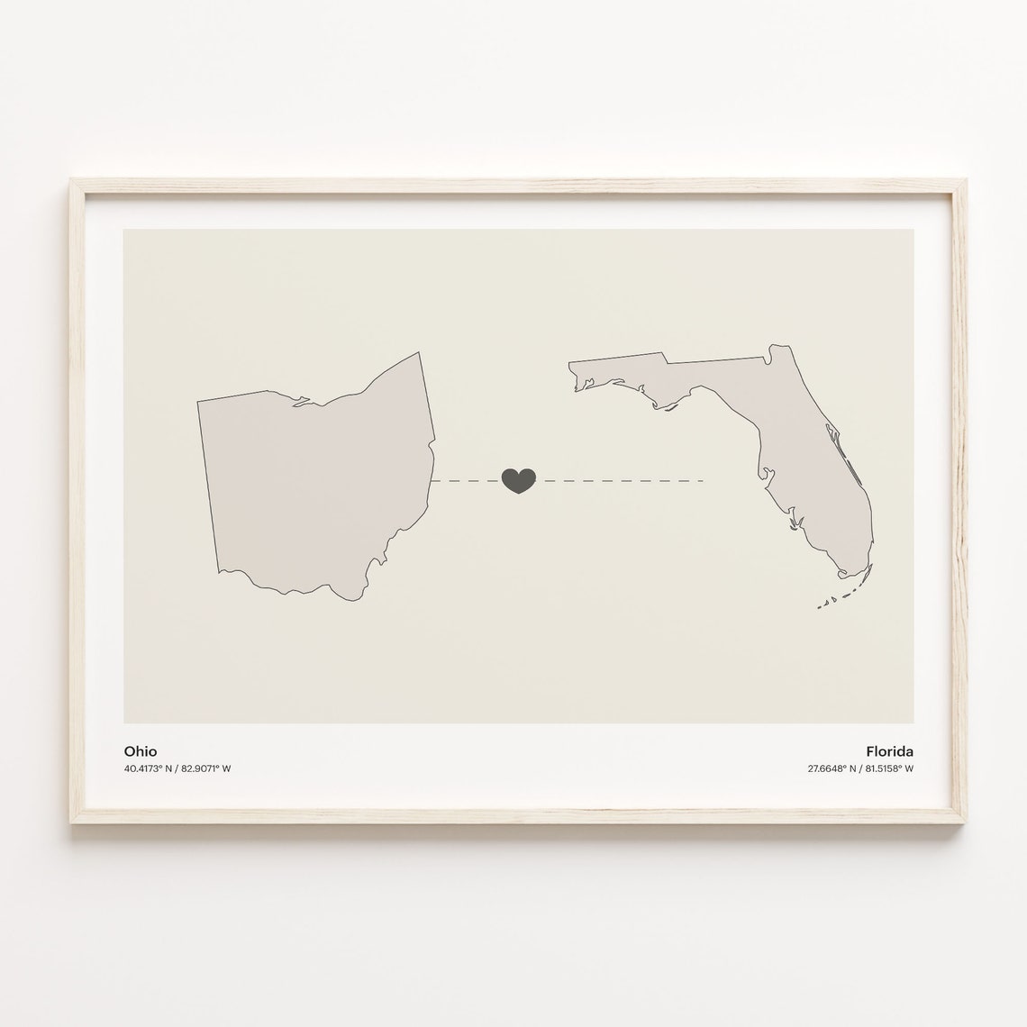 Ohio To Florida Minimalist Heart State Map Love Connection Print