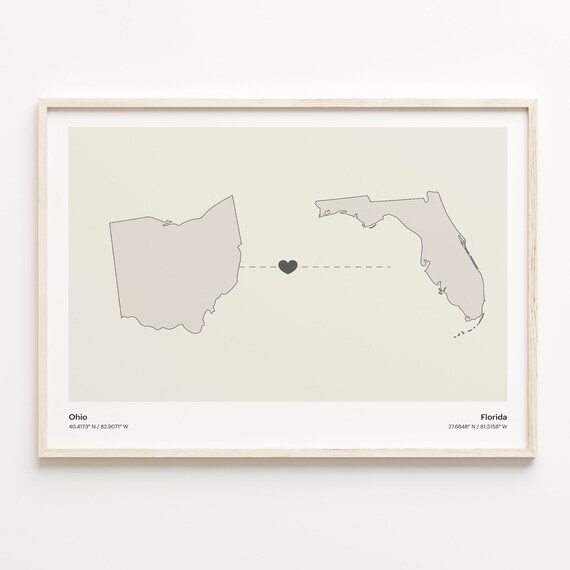 Ohio To Florida Minimalist Heart State Map Love Connection Print