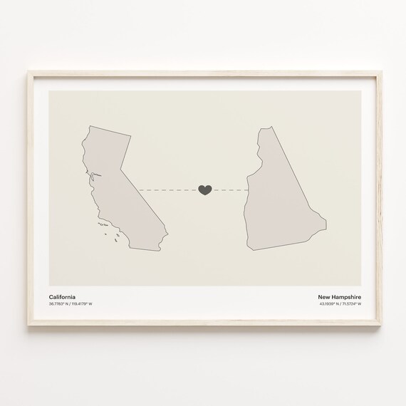 California New Hampshire Minimalist Long Distance Love Heart Map Poster