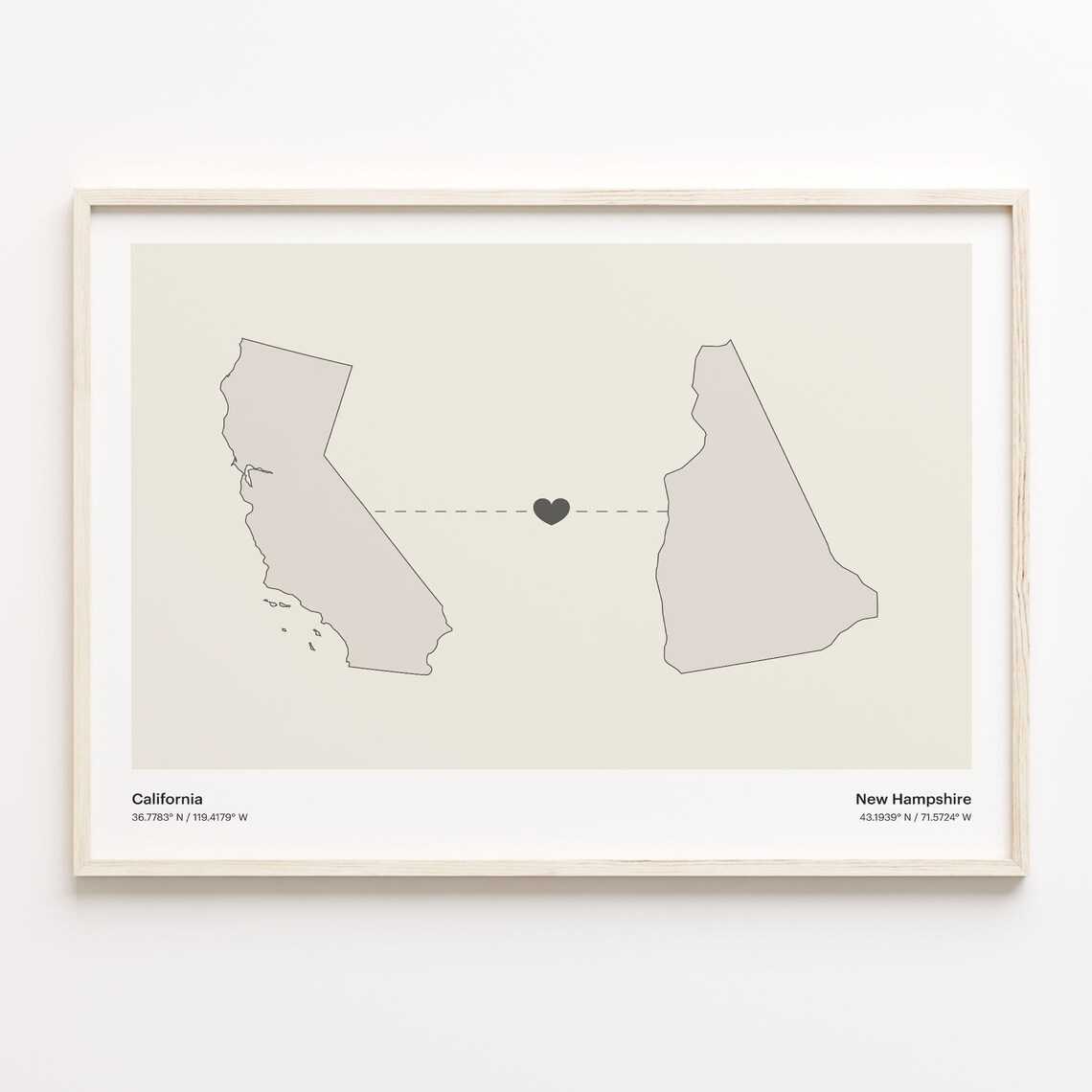 California New Hampshire Minimalist Long Distance Love Heart Map Poster