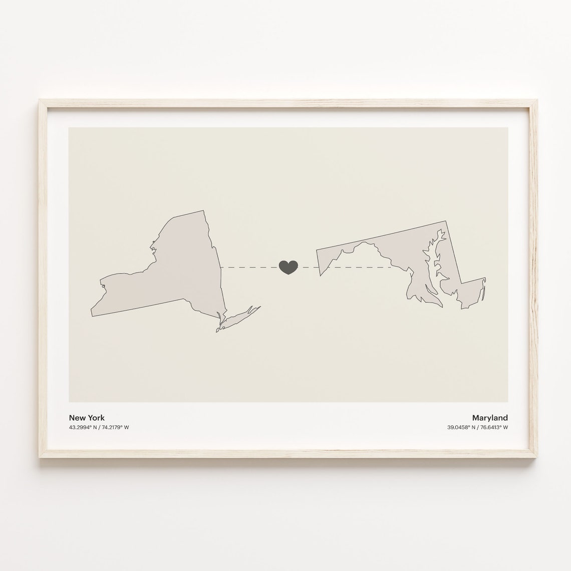 New York to Maryland Long Distance Heart Connection Map Poster