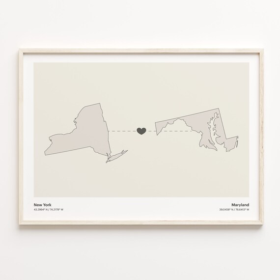 New York to Maryland Long Distance Heart Connection Map Poster