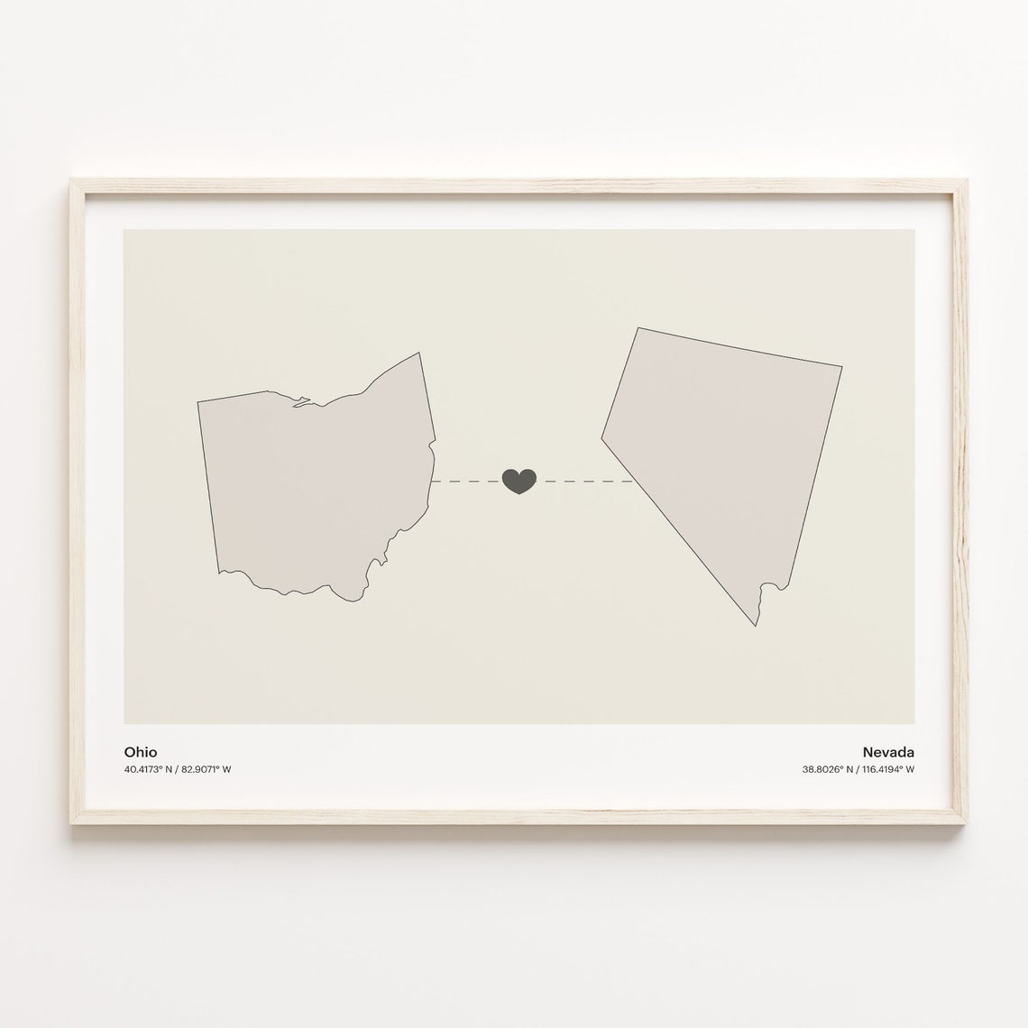 Ohio And Nevada Long Distance Love Minimalist Heart Map Poster