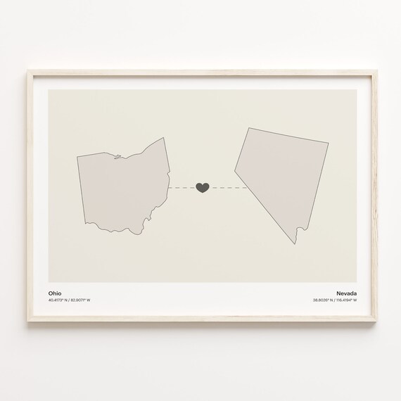Ohio And Nevada Long Distance Love Minimalist Heart Map Poster
