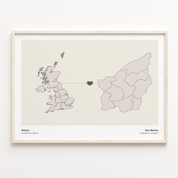 Britain To San Marino Minimalist Country Heart Connection Map Poster