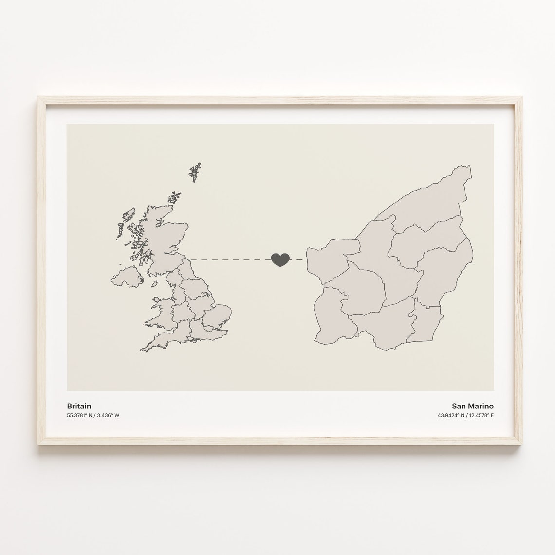 Britain To San Marino Minimalist Country Heart Connection Map Poster
