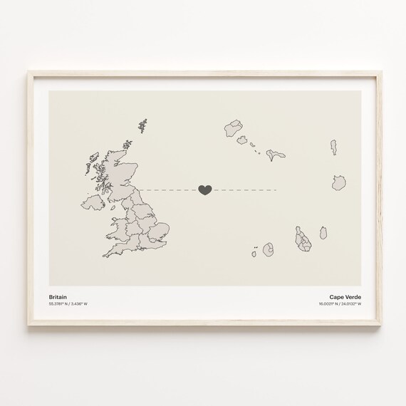 Britain to Cape Verde Heart Connection Long Distance Map Poster