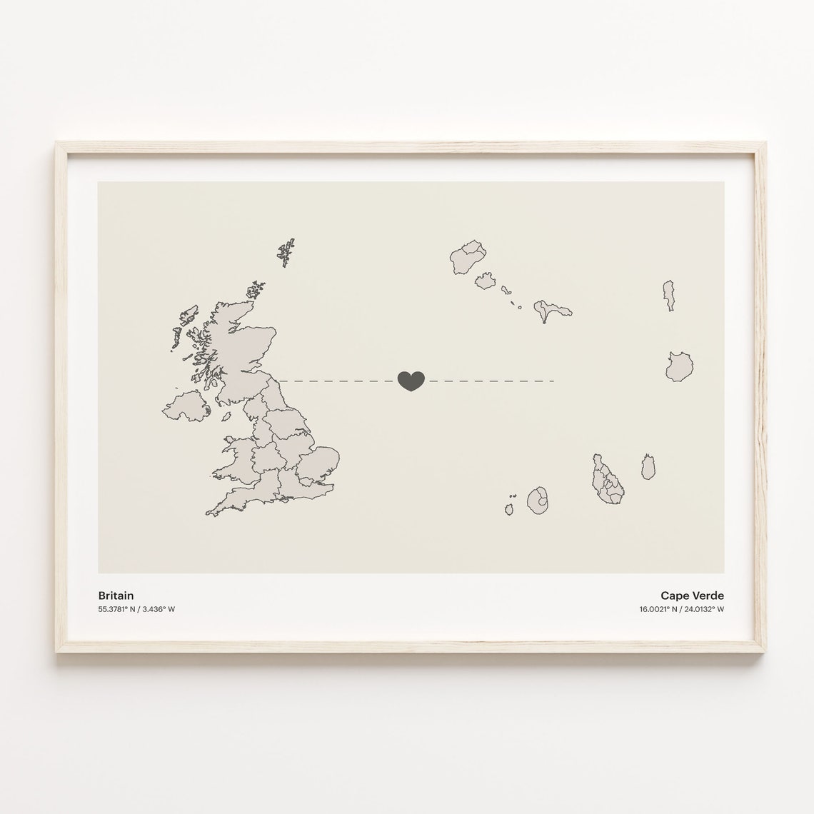 Britain to Cape Verde Heart Connection Long Distance Map Poster
