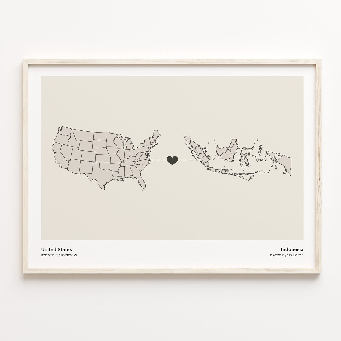 United States to Indonesia Minimalist Travel Map Poster