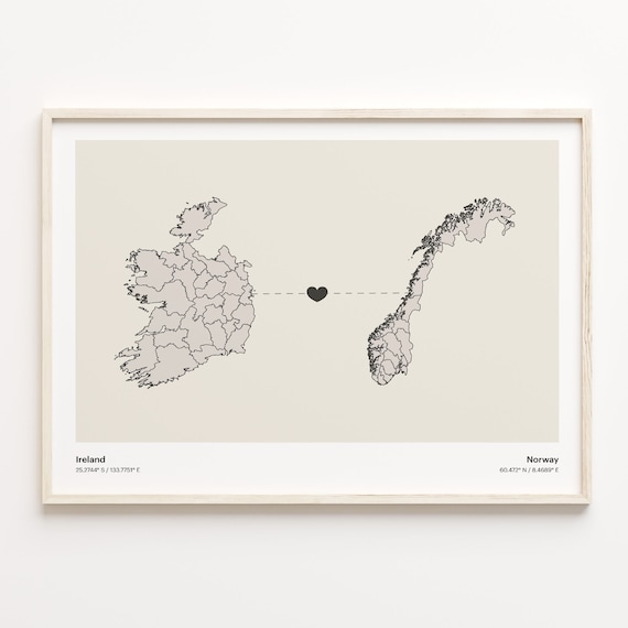 Ireland to Norway Long Distance Heart Map Minimalist Connection Poster
